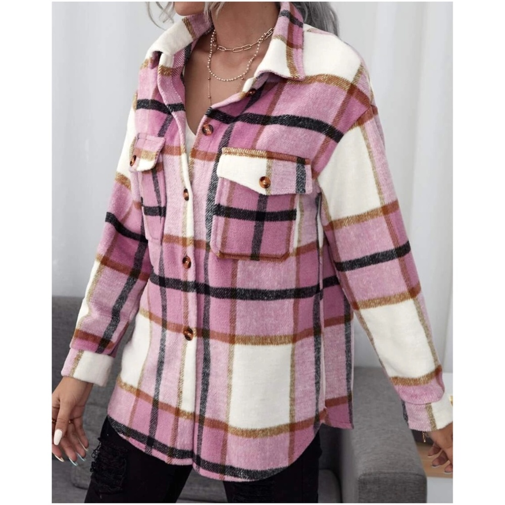 Cozy Plaid Pocket Button Down Oversized Jacket Shacket - Picture 8 of 9